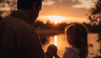 Familie umarmt im natürlich Sonnenuntergang, rein Freude generiert durch ai foto