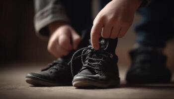 Mann binden modisch Sport Schuh zum Winter Joggen generiert durch ai foto