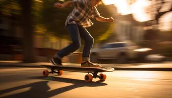 jung Frau Ollies Skateboard im Stadt Sonnenlicht generiert durch ai foto