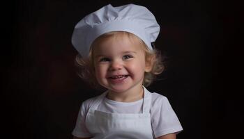 lächelnd Kind Koch Kochen Spaß Mahlzeit drinnen generiert durch ai foto