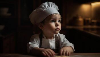 lächelnd Baby Junge Koch Köche spielerisch Mahlzeit generiert durch ai foto