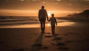 Familie Spaziergänge auf Strand beim Sonnenaufgang, Umarmen generiert durch ai foto