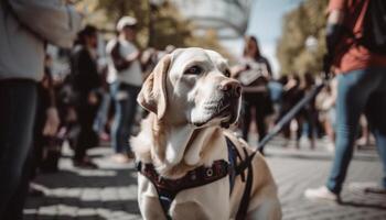 reinrassig Retriever Hündchen Gehen mit es ist Inhaber draußen generiert durch ai foto