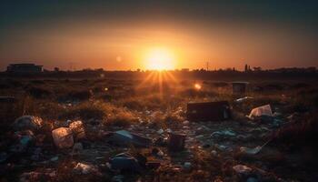 Sonnenuntergang Über ruiniert Müll entsorgen, Umwelt Beschädigung offensichtlich generiert durch ai foto