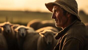 einer Farmer lächelnd, Arbeiten mit Vieh draußen generiert durch ai foto