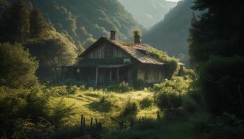 verlassen Bauernhaus im gespenstisch Berg Landschaft generiert durch ai foto