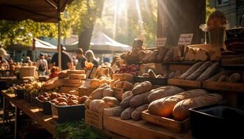 frisch organisch Brot und Obst verkauft draußen generiert durch ai foto