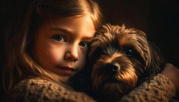 kaukasisch Kind Umarmen klein braun Terrier Hündchen generiert durch ai foto