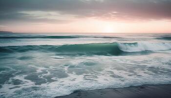 Sonnenuntergang Surfen planschen auf still Seelandschaft Schönheit generiert durch ai foto