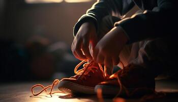Sport Schuh Schnürsenkel gebunden fest zum Übung generiert durch ai foto