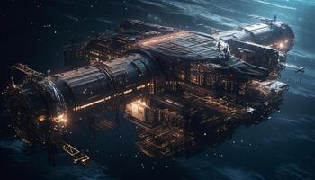 futuristisch Raumschiff fliegend Über beleuchtet Stadtbild beim Dämmerung generiert durch ai foto