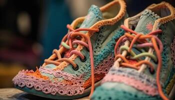 multi farbig Sport Schuhe gestapelt im modern Geschäft generiert durch ai foto