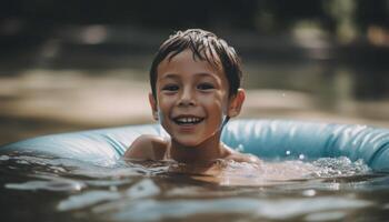 lächelnd Kind genießen Spaß Sommer- Schwimmen Aktivitäten generiert durch ai foto