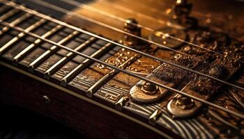 Antiquität akustisch Gitarre auf hölzern Tisch, spielen klassisch generiert durch ai foto