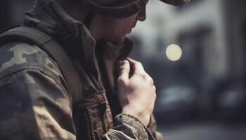 zuversichtlich Militär- Mann halten Telefon im Uniform generiert durch ai foto