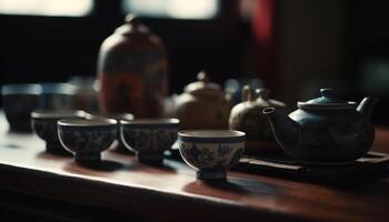 heiß Tee im Antiquität Chinesisch Keramik Teekanne generiert durch ai foto