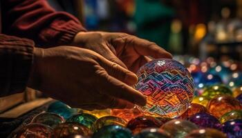 Hand halten beschwingt Weihnachten Ornament, glühend mit Licht generiert durch ai foto