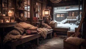 gemütlich Winter Nacht, Kissen auf rustikal Holz generiert durch ai foto