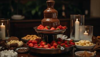 frisch Erdbeere Fondue, Gourmet Genuss auf Holz generiert durch ai foto