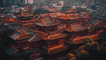 uralt Pagode leuchtet Peking überfüllt Stadtbild beim Nacht generiert durch ai foto