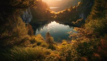 beschwingt Herbst Farben reflektieren auf still Teich generiert durch ai foto