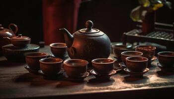 Steingut Teekanne auf hölzern Tisch, rustikal Design generiert durch ai foto