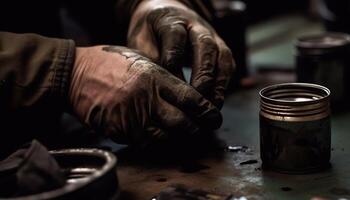 Handwerker Hand Spinnen Keramik auf Metall Rad generiert durch ai foto