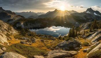 majestätisch Berg Angebot spiegelt still Sonnenuntergang Himmel generiert durch ai foto