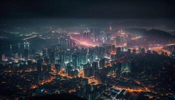 modern Stadt Horizont leuchtet mit bunt Beleuchtung generiert durch ai foto