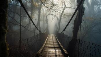 mysteriös Wald Pfad führt zu gespenstisch Abenteuer generiert durch ai foto