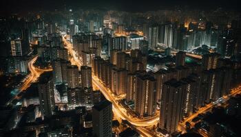 beleuchtet Wolkenkratzer Licht oben das Stadt beim Nacht generiert durch ai foto