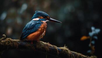 Eisvogel sich niederlassen auf Zweig, suchen Über Teich generiert durch ai foto