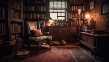 Luxus Bücherregal im alt gestaltet Leben Zimmer generiert durch ai foto