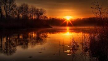 beschwingt Sonnenuntergang spiegelt auf still Wasser Szene generiert durch ai foto