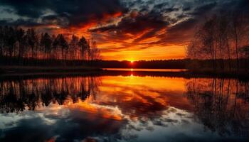 beschwingt Sonnenuntergang spiegelt auf still Wasser Landschaft generiert durch ai foto
