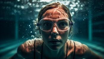jung Erwachsene Schwimmen Unterwasser, Tauchen Tauchen Abenteuer generativ ai foto
