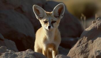 jung Fuchs Stehen auf Sand, suchen Weg von Kamera generiert durch ai foto