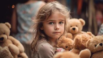 süß Kleinkind umarmt Teddy tragen, umgeben durch spielerisch Spielzeuge drinnen generiert durch ai foto