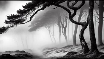 Silhouette im Nebel gespenstisch Wald Geheimnis aufgedeckt ,generativ ai foto