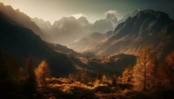 majestätisch Berg Gipfel im Herbst Wald Nebel generiert durch ai foto