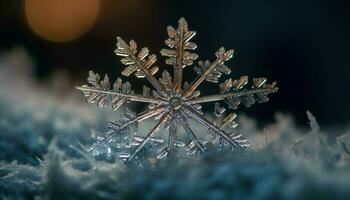 glänzend Schneeflocke Dekoration leuchtet auf dunkel Baum generativ ai foto