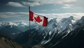 majestätisch Berg Bereich, kanadisch Flagge Wellen stolz generativ ai foto