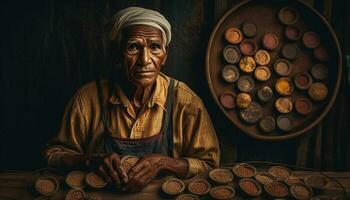 Senior Männer Arbeiten Holz, basteln einheimisch Porträt generiert durch ai foto