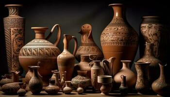 Steingut Keramik Sammlung, uralt Handwerker Kreativität präsentiert generiert durch ai foto