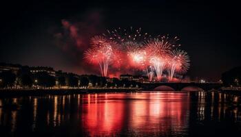 multi farbig Feuerwerk erleuchten Stadt Horizont beim Nacht generiert durch ai foto