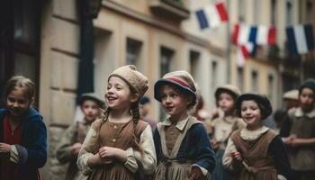 lächelnd Kinder im traditionell Kleidung genießen Parade generiert durch ai foto