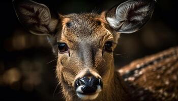 Hirsch suchen beim Kamera im Wald Wiese generiert durch ai foto