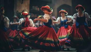 bunt traditionell Kleidung auf Tänzer beim Festival generiert durch ai foto