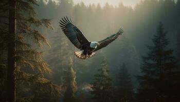 Verbreitung Flügel, majestätisch kahl Adler im Mitte Luft generiert durch ai foto