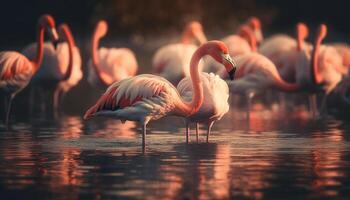 Vögel waten im still Teich Betrachtung generiert durch ai foto